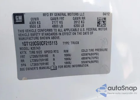 2012 GMC Sierra 2500Hd Sle z USA, uszkodzony, nr VIN 1GT120CG0CF215113